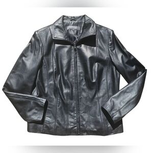 Kenneth Cole Reaction Womens Fitted Jacket 100% Leather Black Zip-Up Size Large